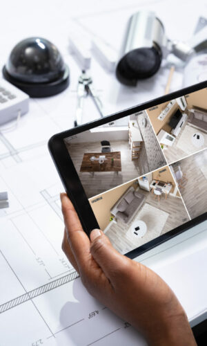 An Elevated View Of Person Watching Footage On Digital Tablet With Security Equipment On Blueprint