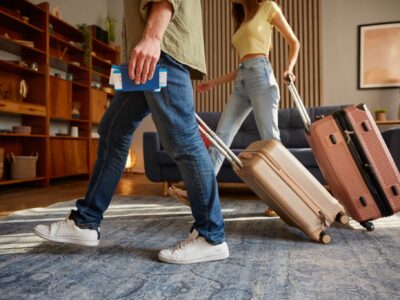 Closeup man and woman walking with luggage and travel documents leaving home. Family couple travelling together